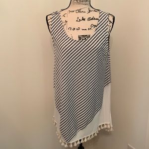 Umgee Striped Fringe Bottom Tunic Top (Navy)